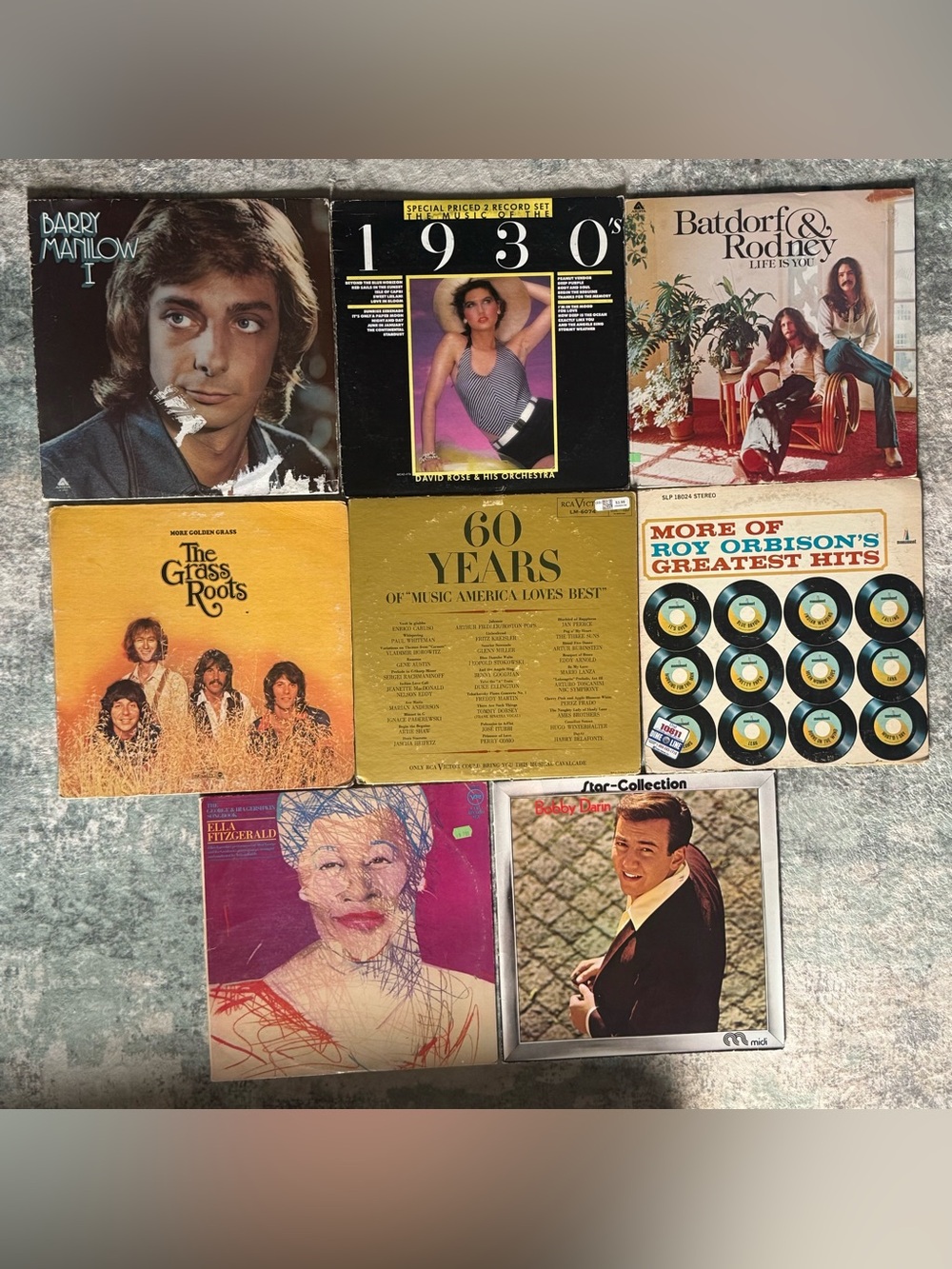 Mixed Lot of 8 Vintage Vinyl LP Albums- Ella Fitzgerald, Orbison, Grass Roots, +
